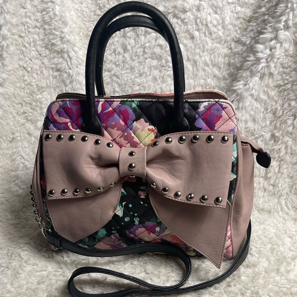 Betsey Johnson multi color quilted Shoulder bag large mauve bow & studs accent